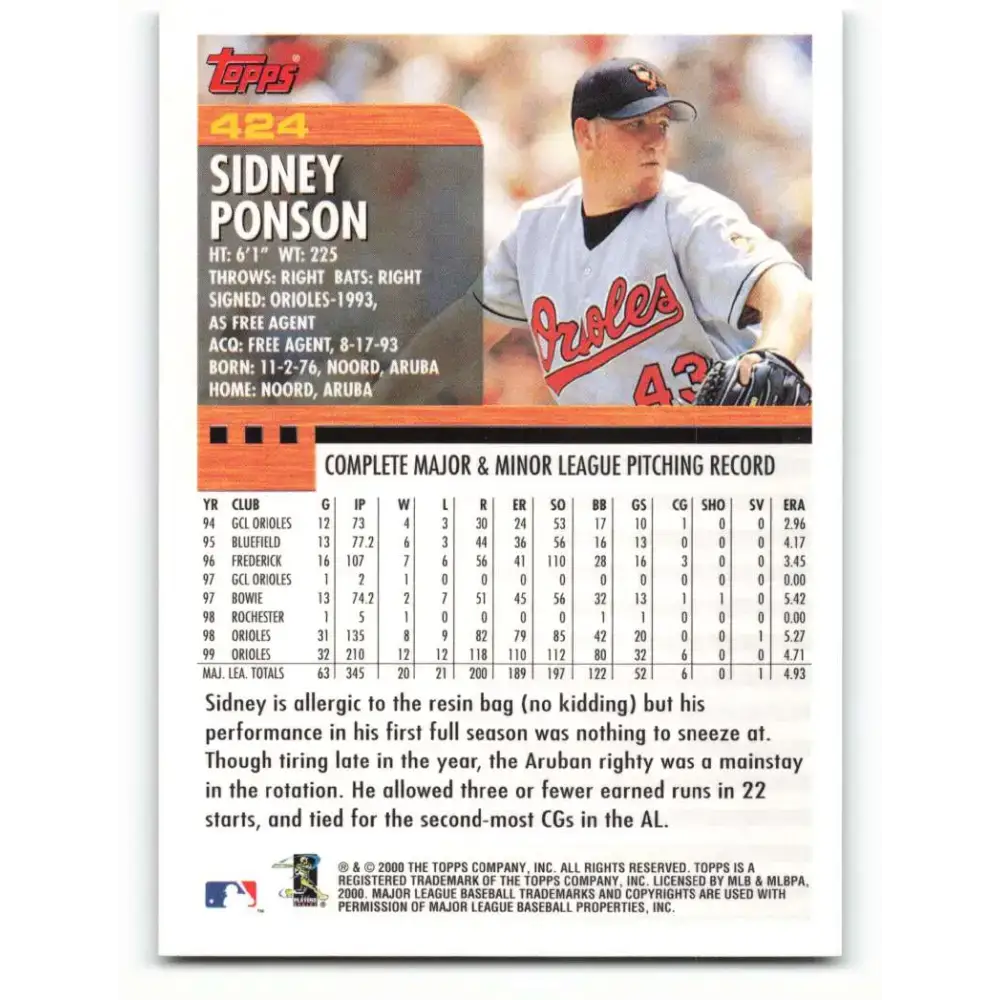 2000 Topps #424 Sidney Ponson EX Excellent Baltimore Orioles Baseball Card - Baseball Card Single