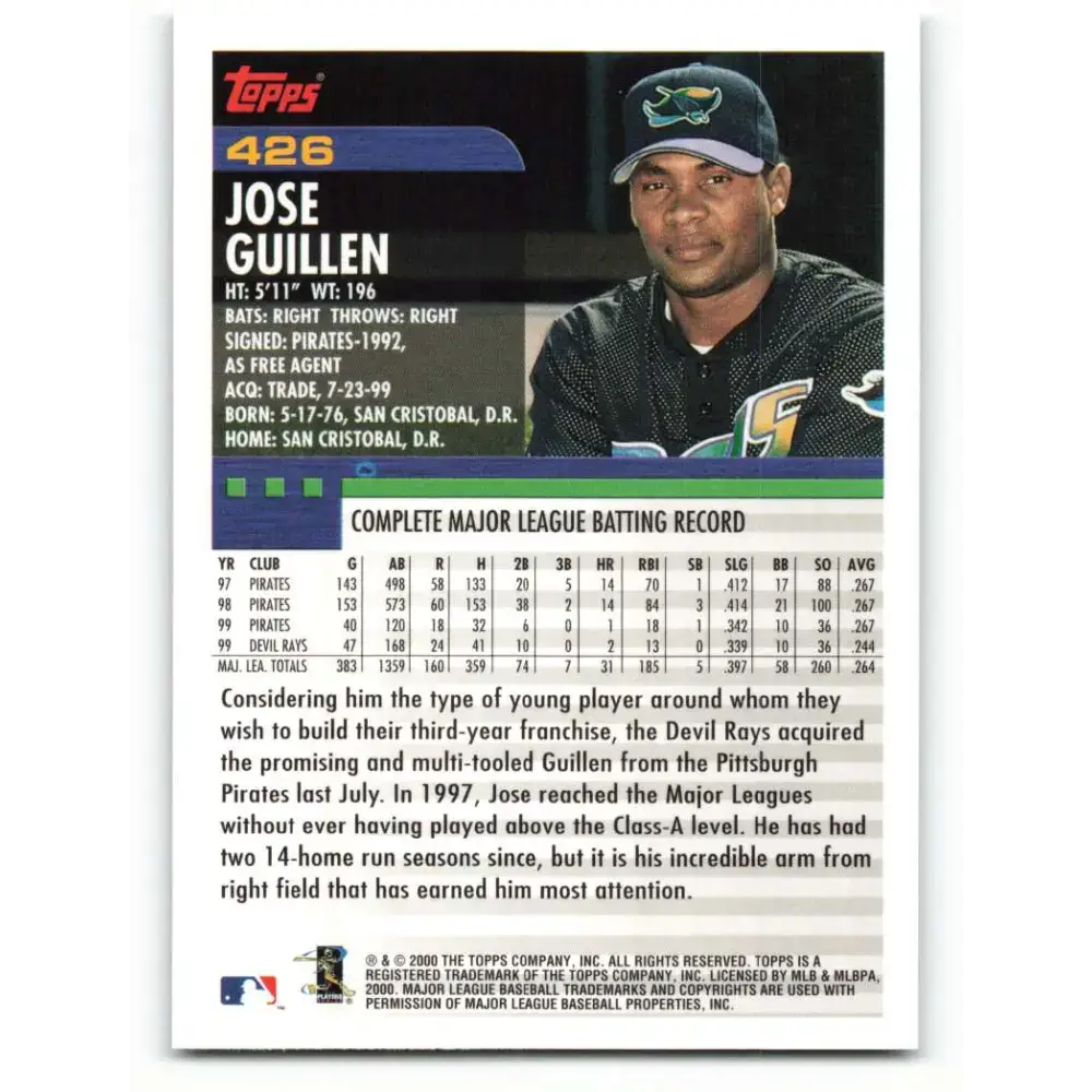 2000 Topps #426 Jose Guillen EX Excellent Tampa Bay Devil Rays Baseball Card - Baseball Card Single