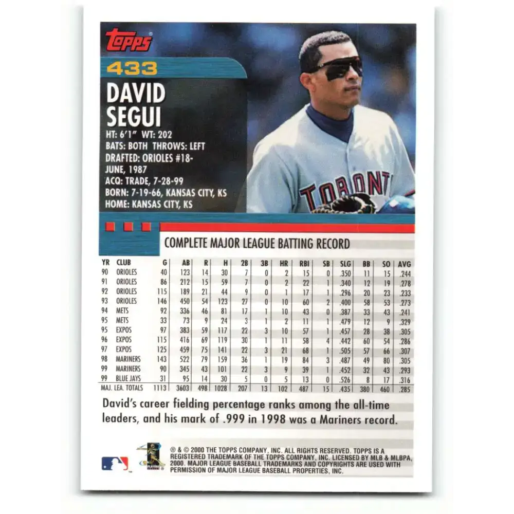 2000 Topps #433 David Segui EX Excellent Toronto Blue Jays Baseball Card - Baseball Card Single