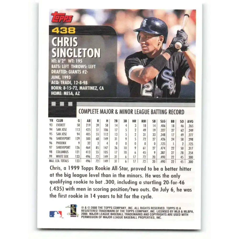 2000 Topps #438 Chris Singleton EX Excellent Chicago White Sox Baseball Card - Baseball Card Single