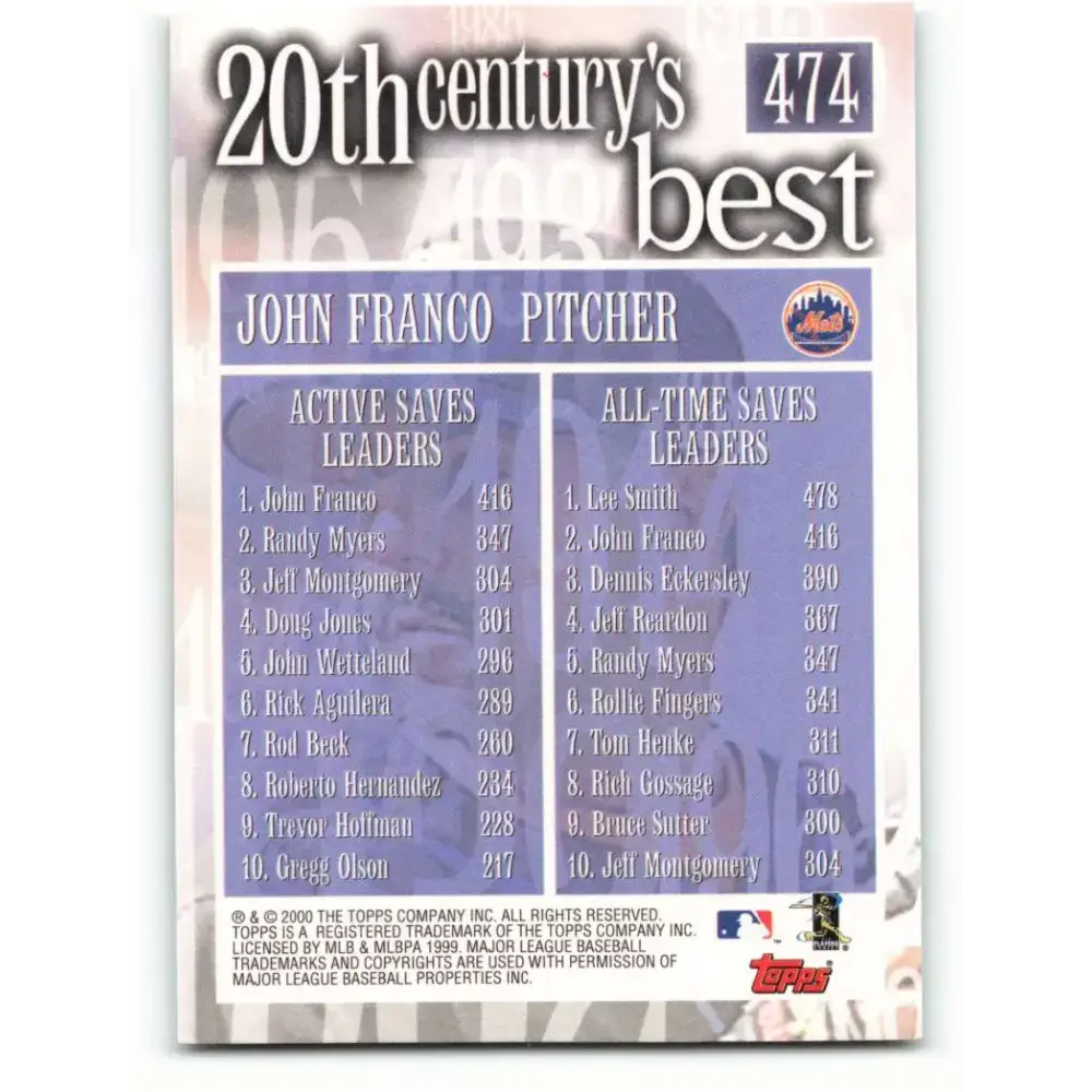 2000 Topps #474 John Franco EX Excellent New York Mets Baseball Card - Baseball Card Single