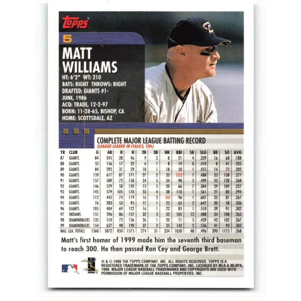 2000 Topps #5 Matt Williams EX Excellent Arizona Diamondbacks Baseball Card - Baseball Card Single