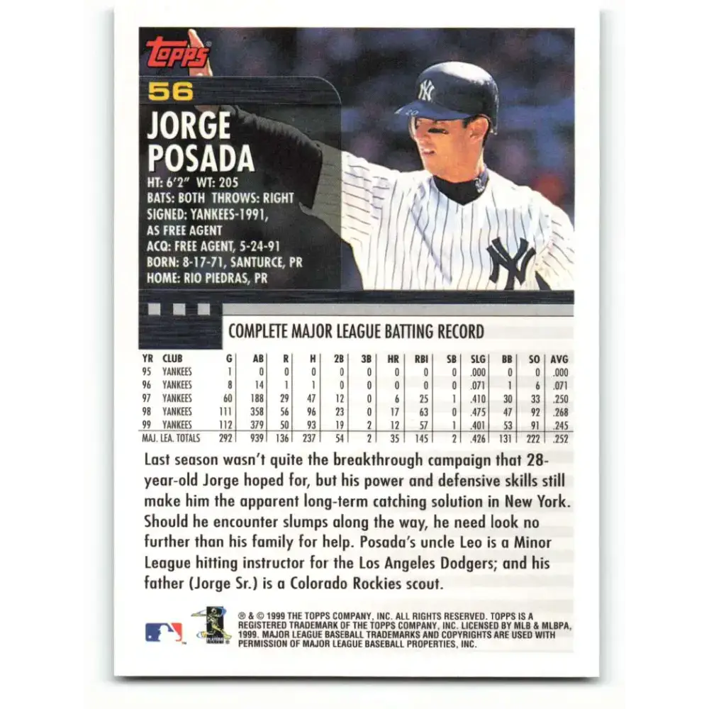 2000 Topps #56 Jorge Posada EX Excellent New York Yankees Baseball Card - Baseball Card Single