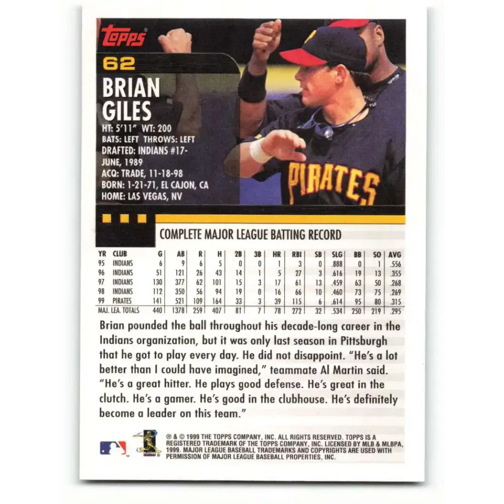2000 Topps #62 Brian Giles EX Excellent Pittsburgh Pirates Baseball Card - Baseball Card Single