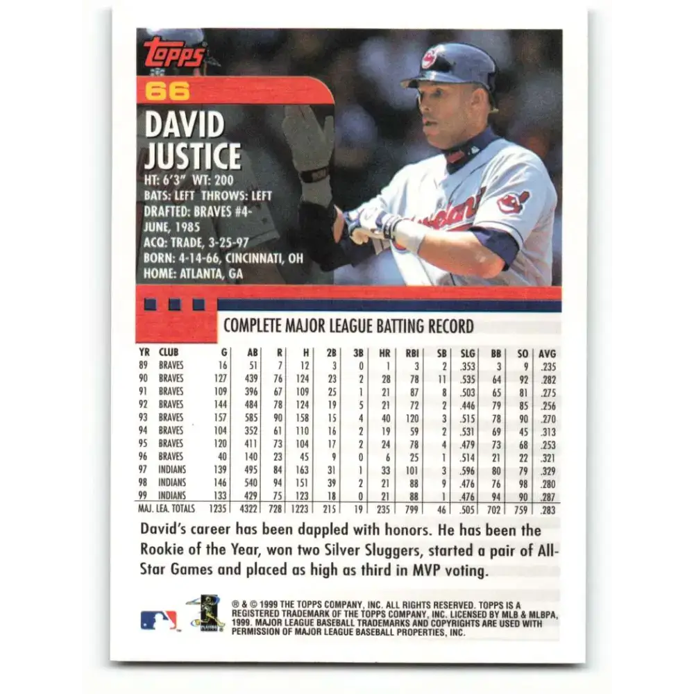 2000 Topps #66 David Justice EX Excellent Cleveland Indians Baseball Card - Baseball Card Single