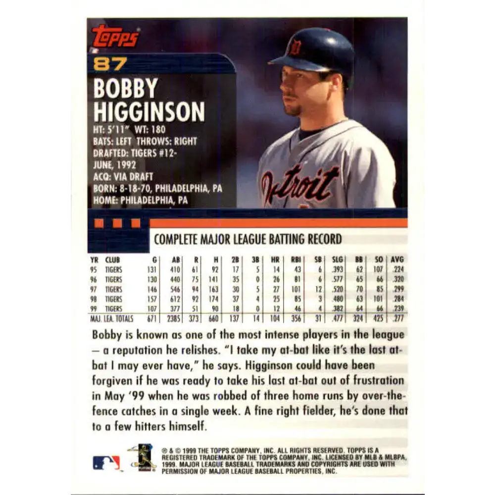 2000 Topps #87 Bobby Higginson EX Excellent Detroit Tigers Baseball Card - Baseball Card Single