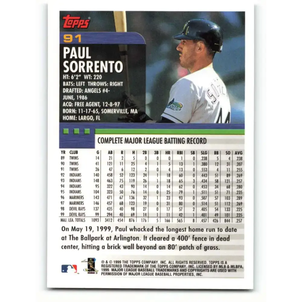 2000 Topps #91 Paul Sorrento EX Excellent Tampa Bay Devil Rays Baseball Card - Baseball Card Single