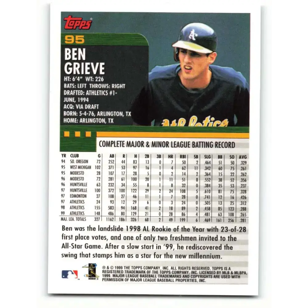 2000 Topps #95 Ben Grieve EX Excellent Oakland Athletics Baseball Card - Baseball Card Single