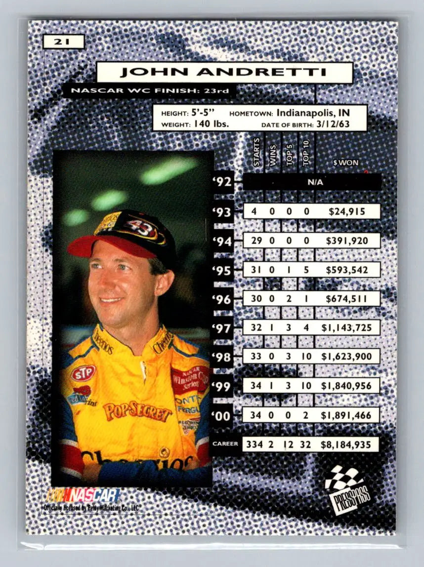 2001 Press Pass #21 John Andretti Petty Enterprises - Racing Card Single
