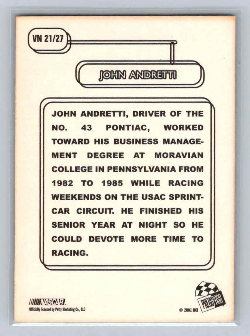 2001 Press Pass #VN 21 John Andretti Vintage Petty Enterprises - Racing Card Single