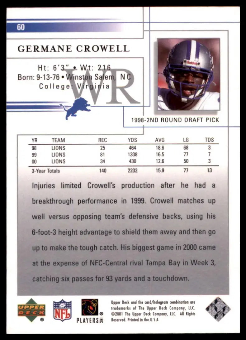 2001 Upper Deck Germane Crowell 60 Detroit Lions NM - Football Card Single