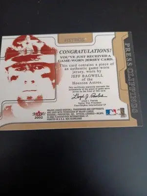 2002 Fleer Box Score - Press Clippings. Jeff Bagwell jersey relic. Astros. NRMT - Baseball Card Single