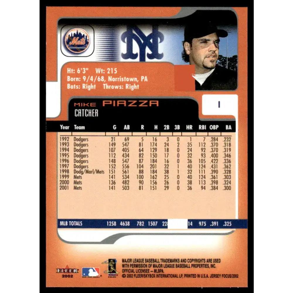 2002 Fleer Focus Jersey Edition #1 Mike Piazza EX/NM New York Mets Baseball Card - Baseball Card Single