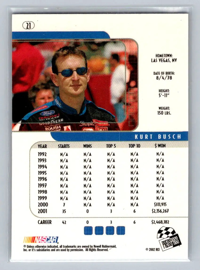 2002 Press Pass Eclipse #21 Kurt Busch Roush Racing - Racing Card Single