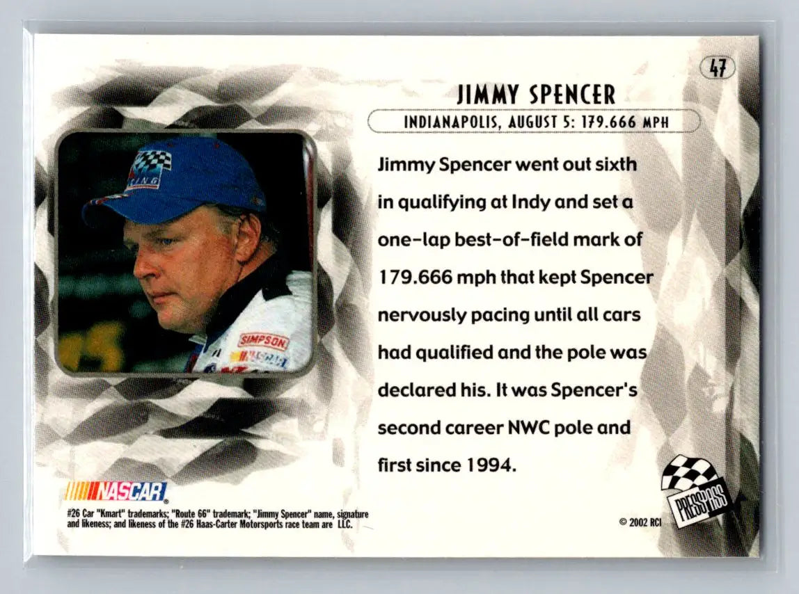 2002 Press Pass Eclipse #47 Jimmy Spencer Haas-Carter Motorsports - Racing Card Single
