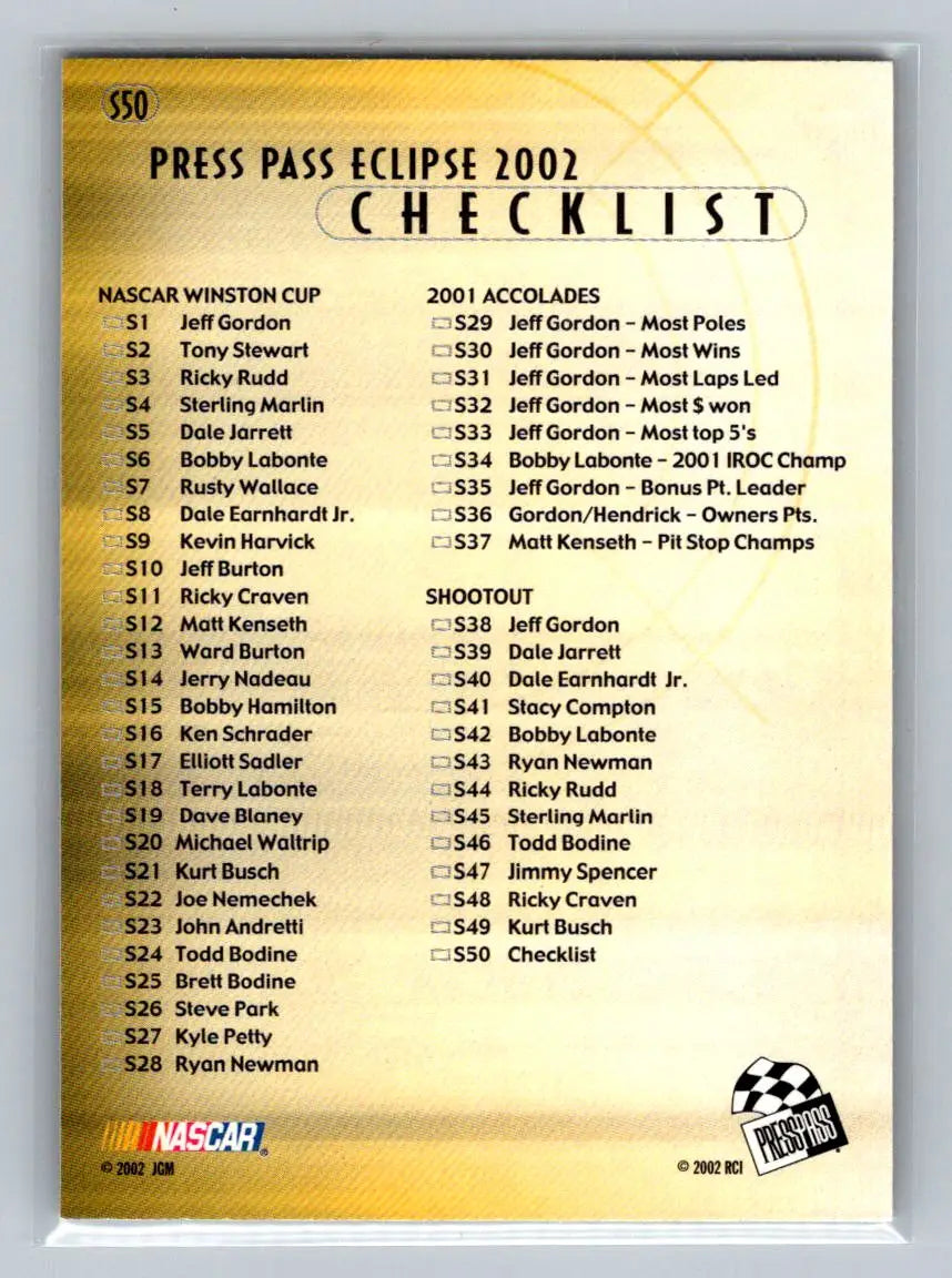 2002 Press Pass Eclipse #S50 Jeff Gordon Solar Eclipse Hendrick Motorsports - Racing Card Single