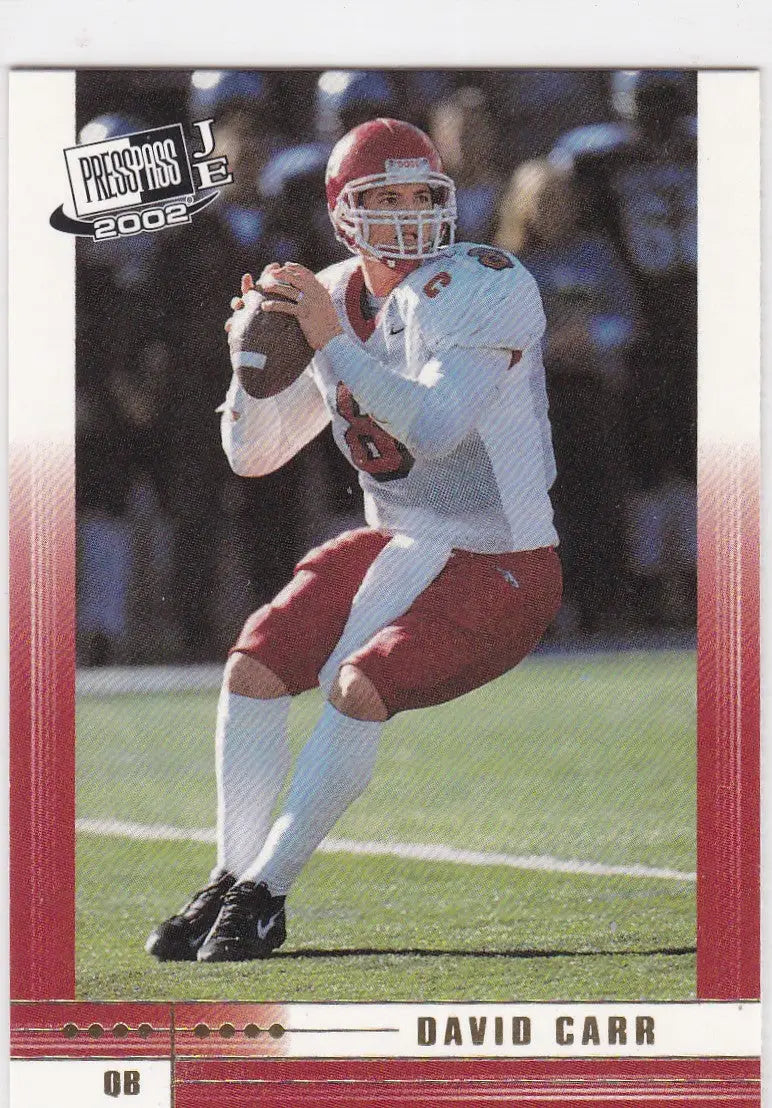 Football trading card of FD1 David Carr in red and white uniform by Press Pass