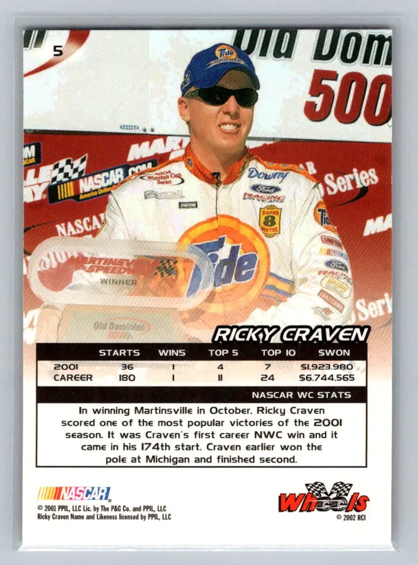 2002 Wheels High Gear #5 Ricky Craven PPI Motorsports - Racing Card Single