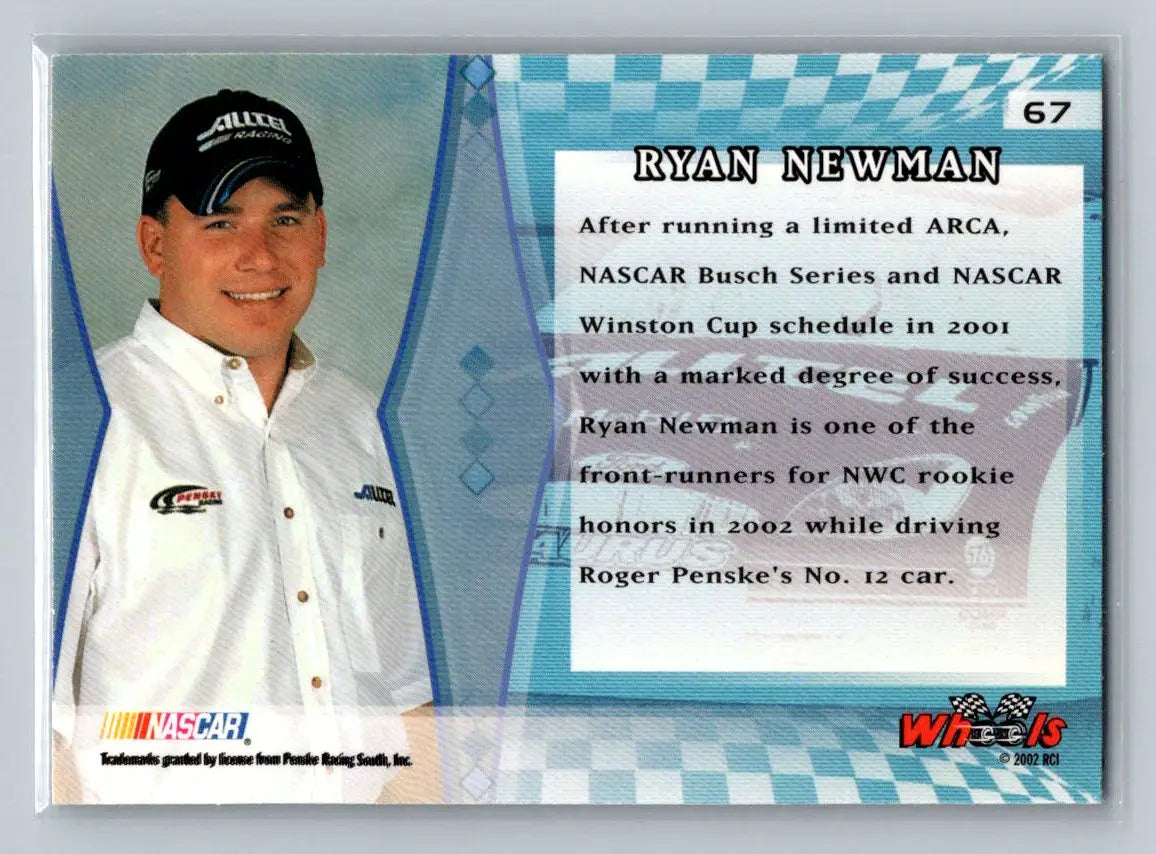 2002 Wheels High Gear #67 Ryan Newman Penske Racing South - Racing Card Single
