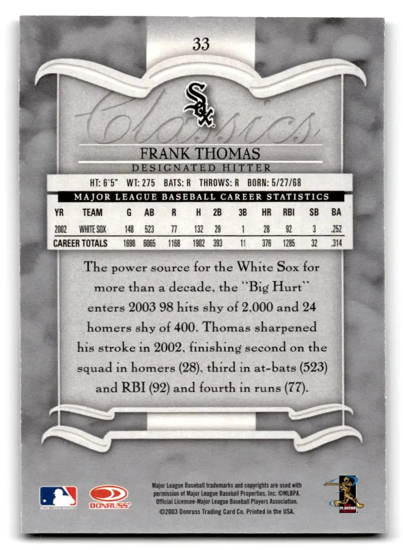 2003 Donruss Classics #33 Frank Thomas - Baseball Card Single