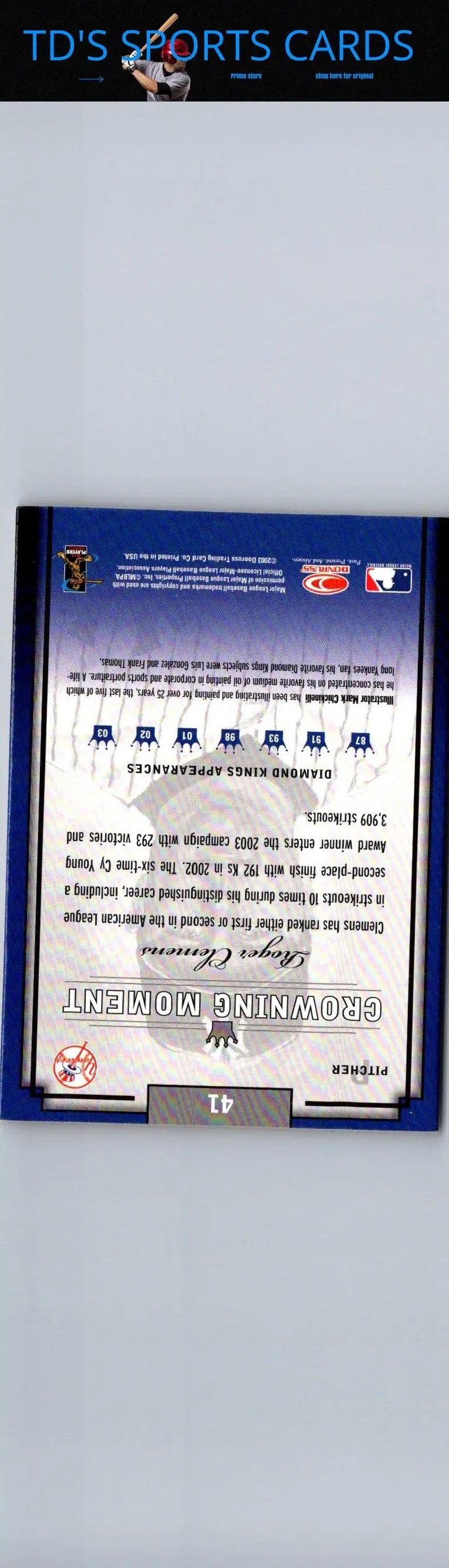 Back of 2003 Donruss Diamond Kings Roger Clemens Framed White bronze foil baseball card