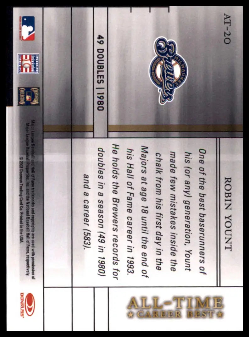 2003 Donruss Elite - All-Time Career Best Robin Yount AT-20 Milwaukee Brewers NM - Baseball Card Single