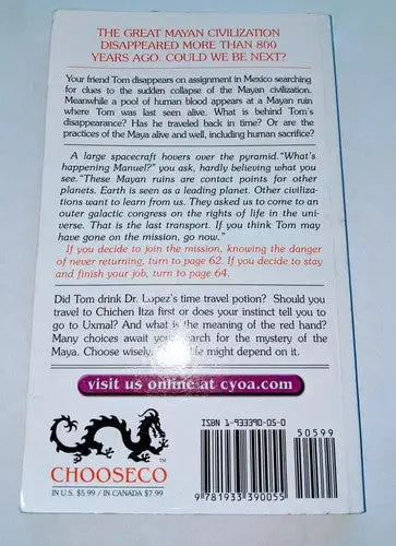 Back cover of 2003 Mystery Of The Maya Montgomery Choose adventure book with mild spine creasing