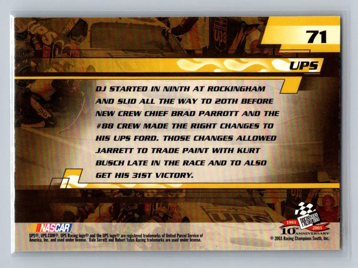2003 Press Pass Trackside #71 UPS Robert Yates Racing - Racing Card Single