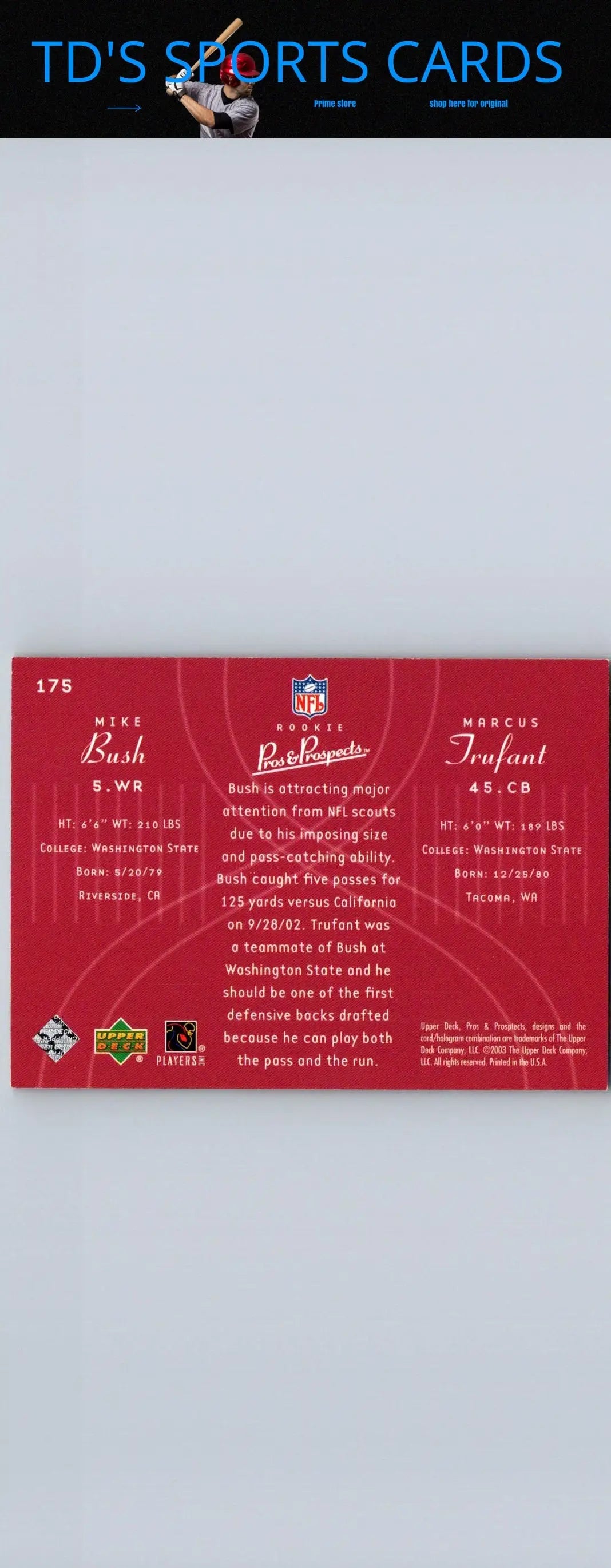 Football card featuring Mike Bush and Marcus Trufant from 2003 Upper Deck Pros