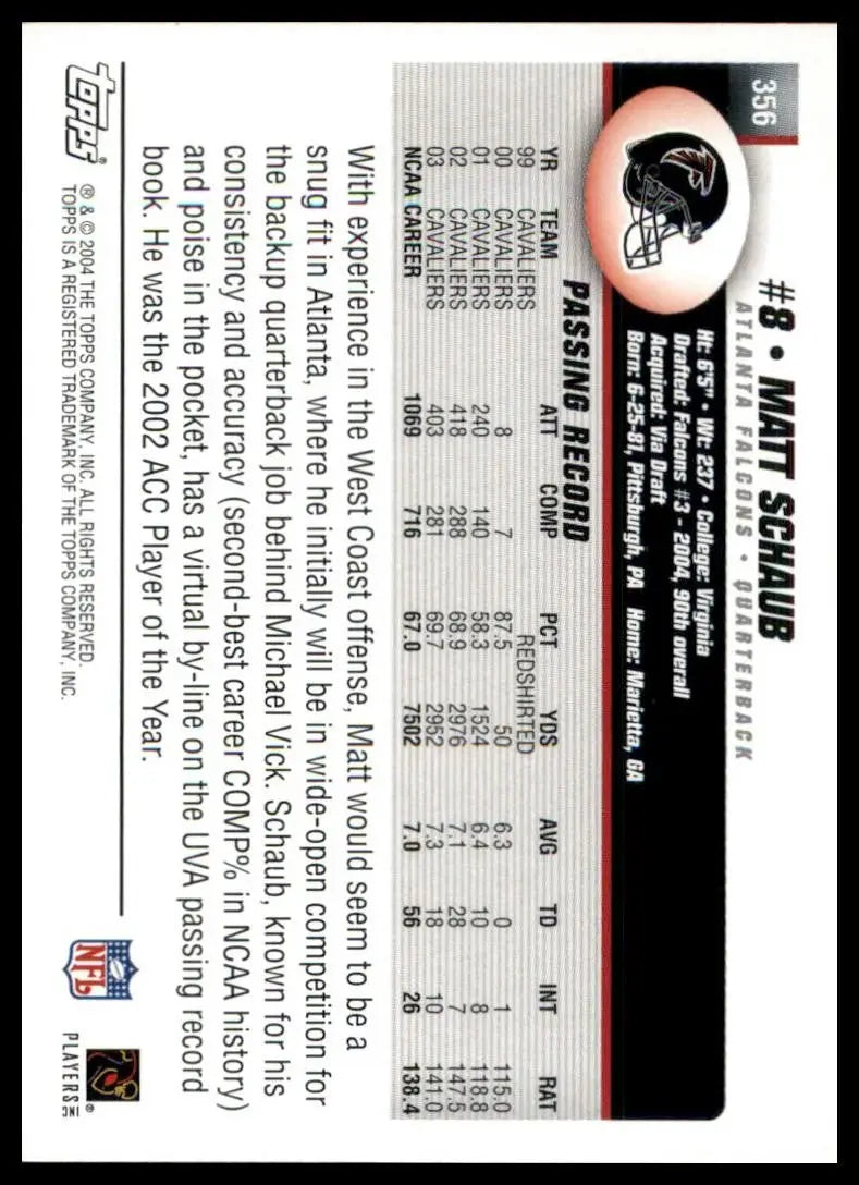 2004 Topps Matt Schaub #356 Rookie Atlanta Falcons Football Card NFL Sports - Football Card Single
