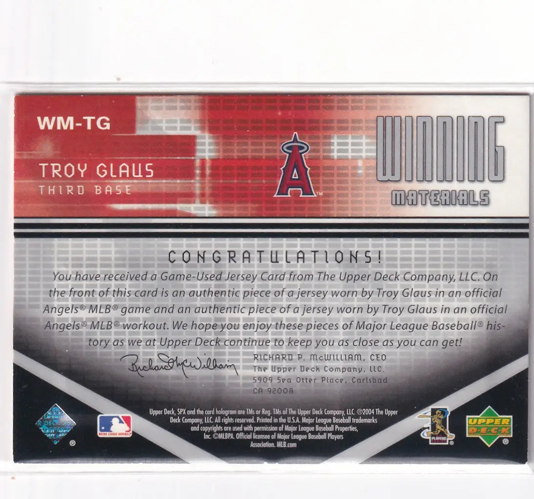 2004 UPPER DECK #WM-TG TROY GLAUS DOUBLE PATCH- ANGELS - Baseball Card Single