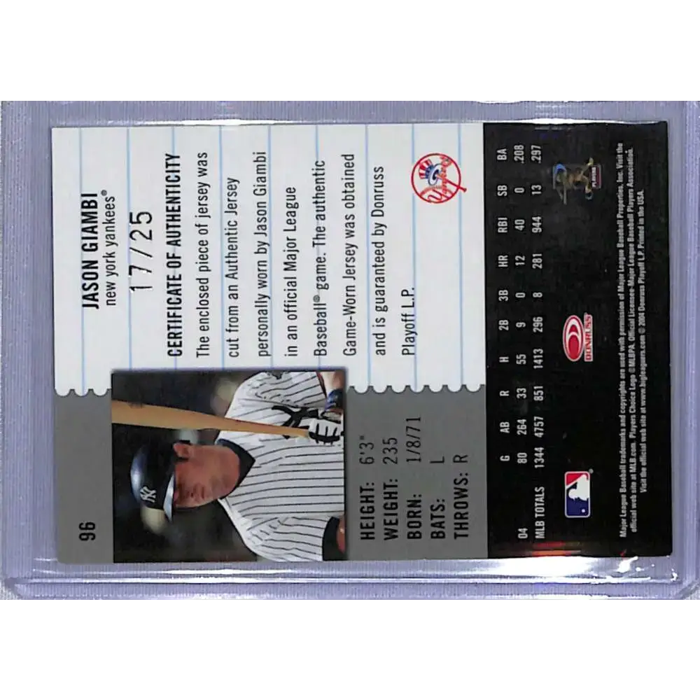 2005 Leaf Century #96 Jason Giambi #/25 New York Yankees NM-MT Baseball Card - Baseball Card Single