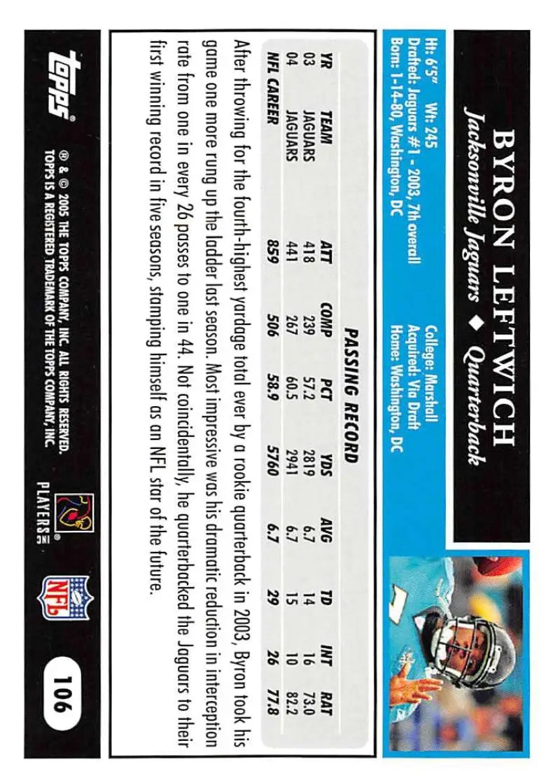 2005 Topps #106 Byron Leftwich NM-MT Jacksonville Jaguars Football Card - Football Card Single