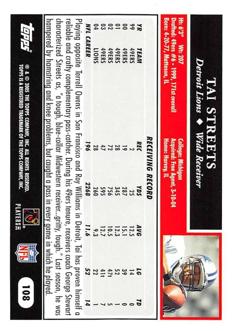 2005 Topps #108 Tai Streets NM-MT Detroit Lions Football Card - Football Card Single