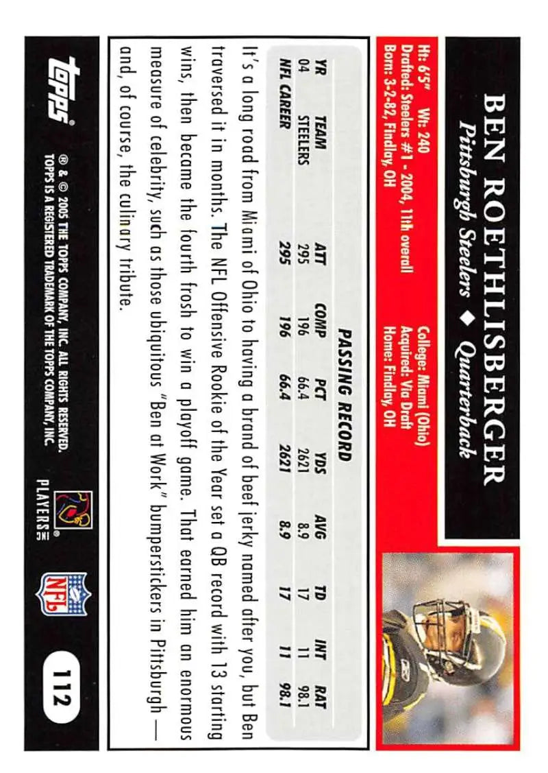 2005 Topps #112 Ben Roethlisberger NM-MT Pittsburgh Steelers Football Card - Football Card Single