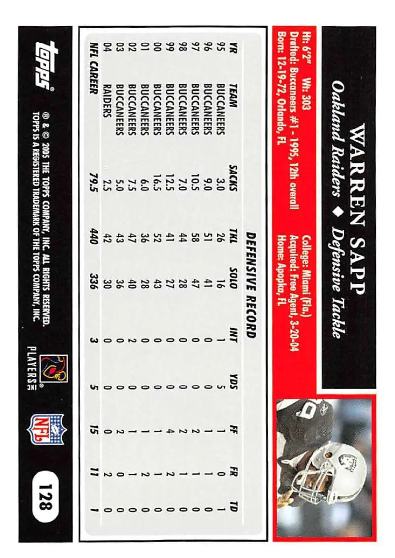 2005 Topps #128 Warren Sapp NM-MT Oakland Raiders Football Card - Football Card Single
