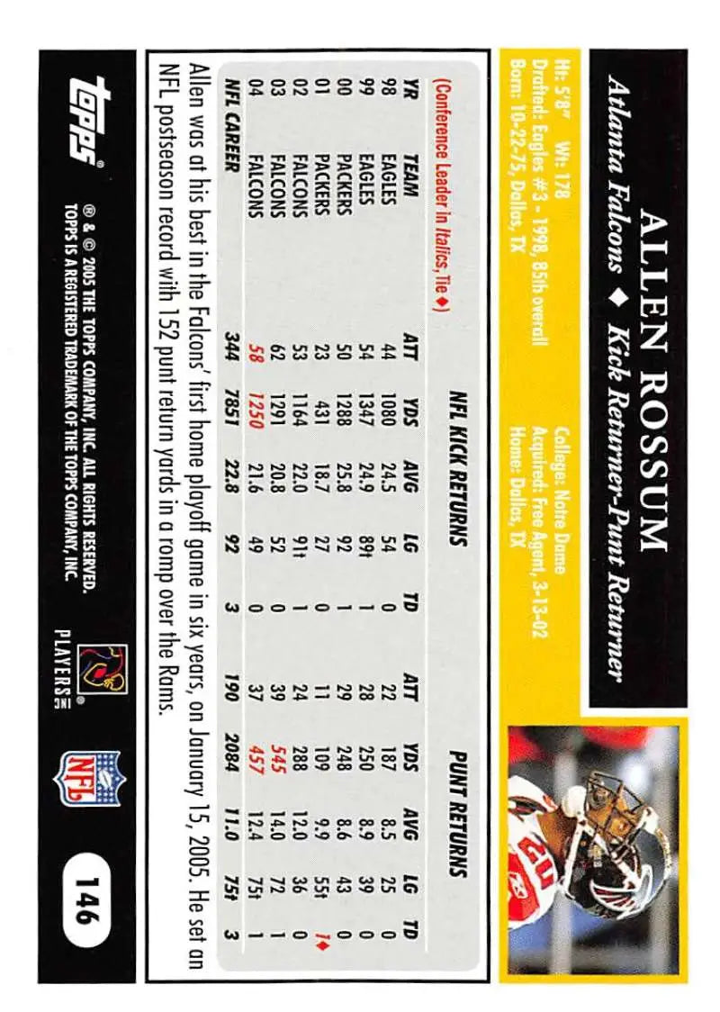 2005 Topps #146 Allen Rossum NM-MT Atlanta Falcons Football Card - Football Card Single