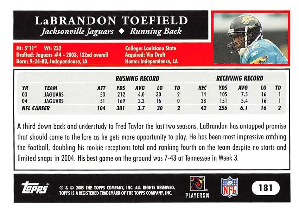 2005 Topps #181 LaBrandon Toefield NM-MT Jacksonville Jaguars Football Card - Football Card Single
