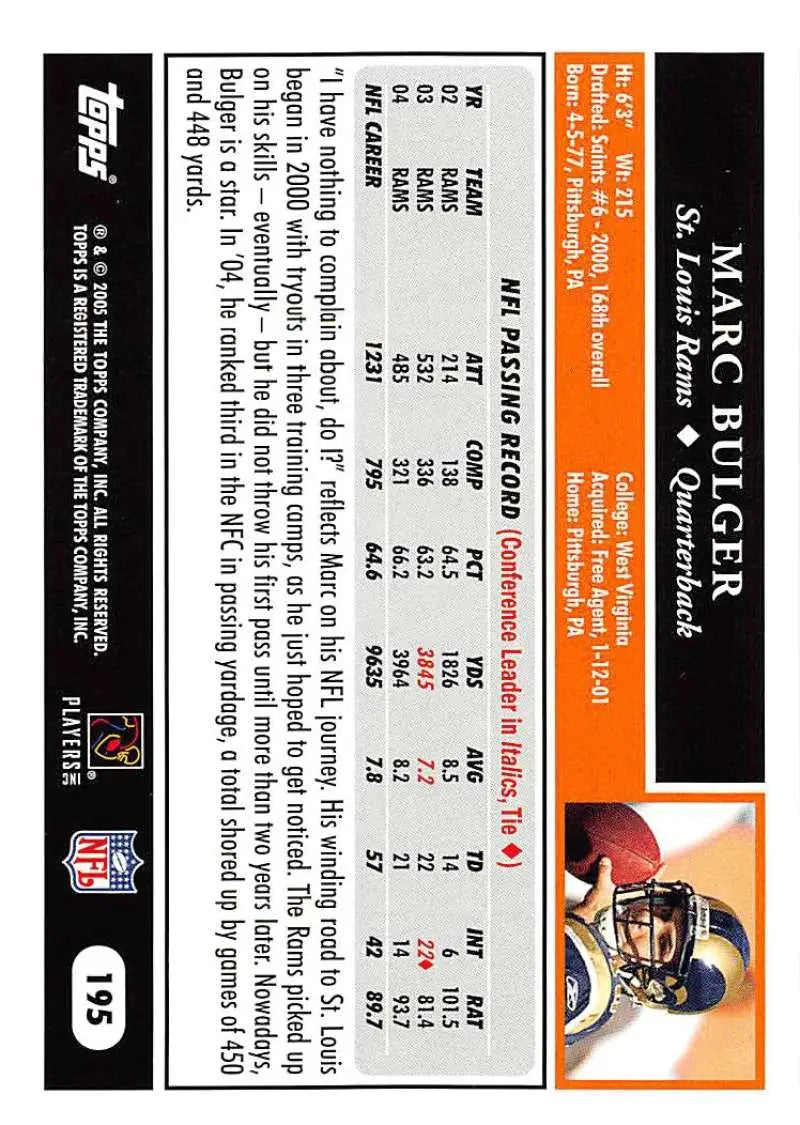 2005 Topps #195 Marc Bulger NM-MT St. Louis Rams Football Card - Football Card Single