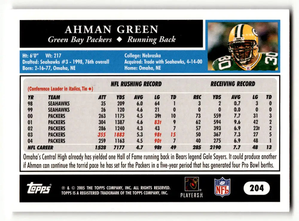 2005 Topps #204 Ahman Green NM-MT Green Bay Packers Football Card - Football Card Single