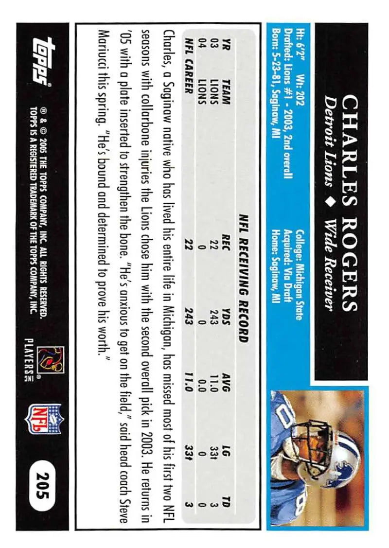 2005 Topps #205 Charles Rogers NM-MT Detroit Lions Football Card - Football Card Single