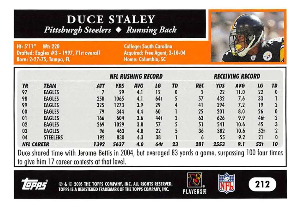 2005 Topps #212 Duce Staley NM-MT Pittsburgh Steelers Football Card - Football Card Single