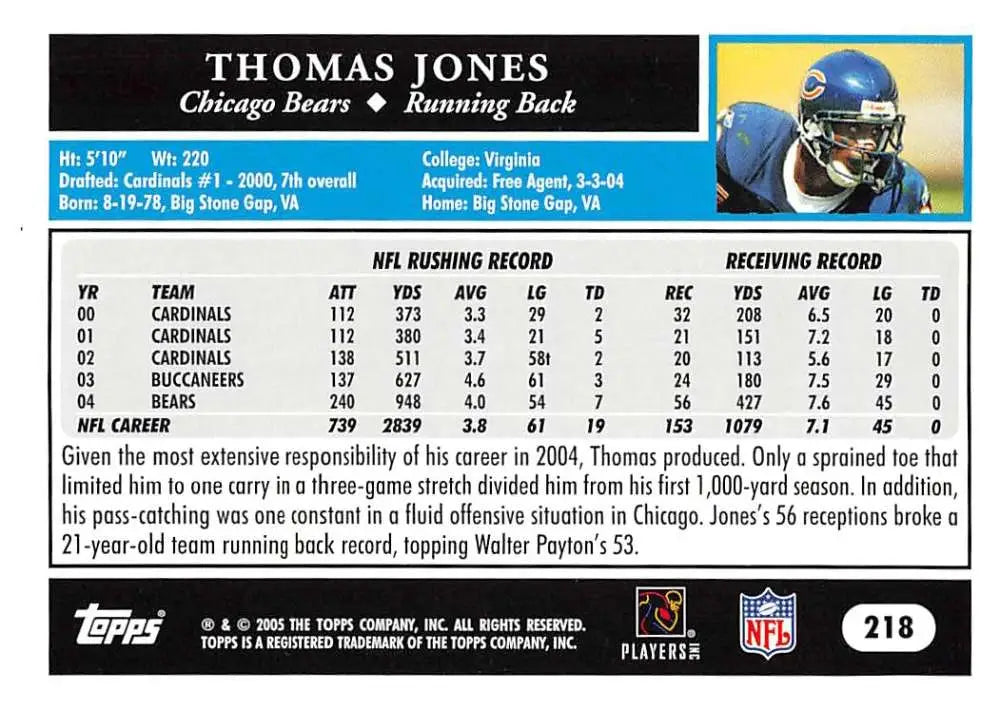 2005 Topps #218 Thomas Jones NM-MT Chicago Bears Football Card - Football Card Single