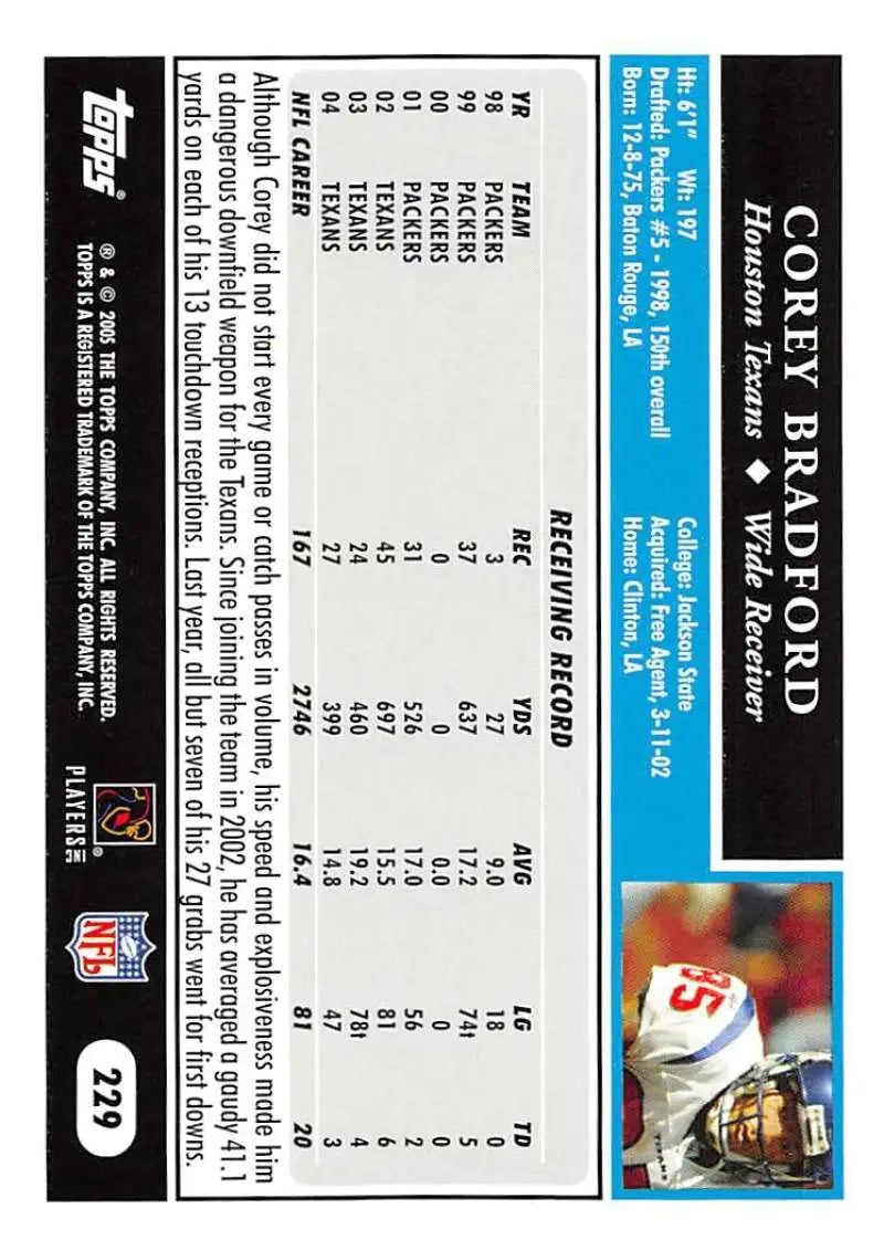 2005 Topps #229 Corey Bradford NM-MT Houston Texans Football Card - Football Card Single