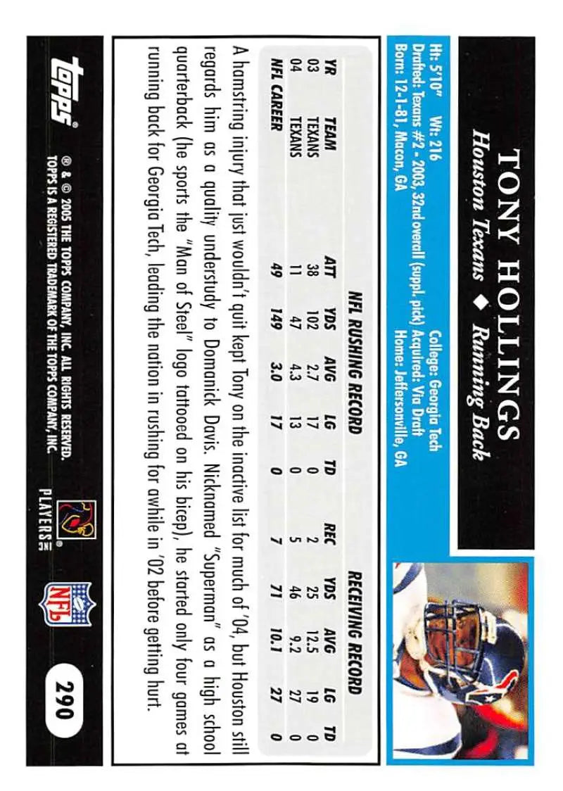 2005 Topps #290 Tony Hollings NM-MT Houston Texans Football Card - Football Card Single