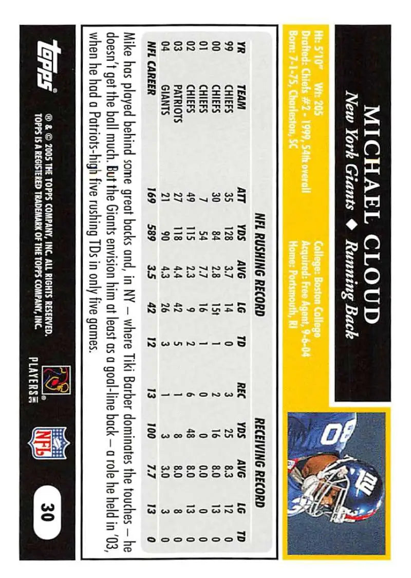 2005 Topps #30 Mike Cloud NM-MT New York Giants Football Card - Football Card Single