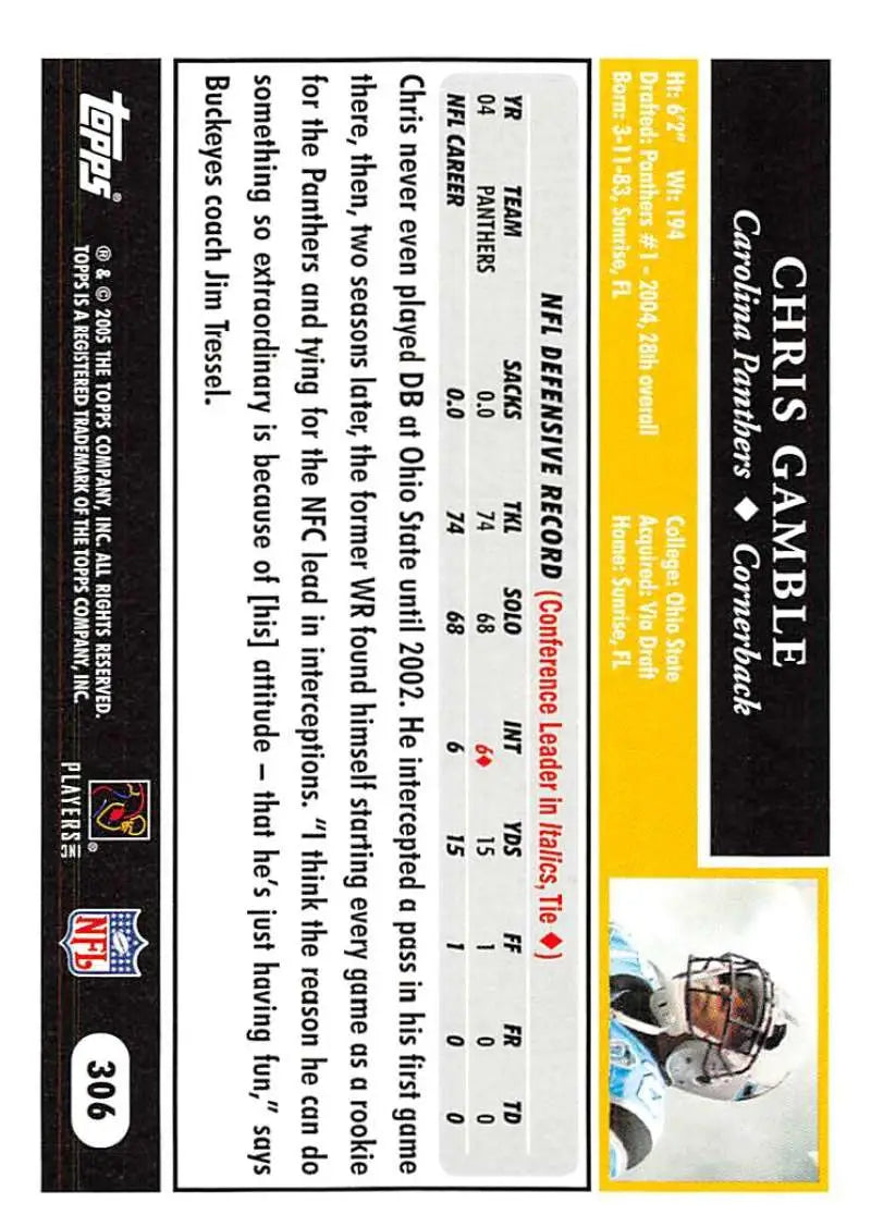 2005 Topps #306 Chris Gamble NM-MT Carolina Panthers Football Card - Football Card Single