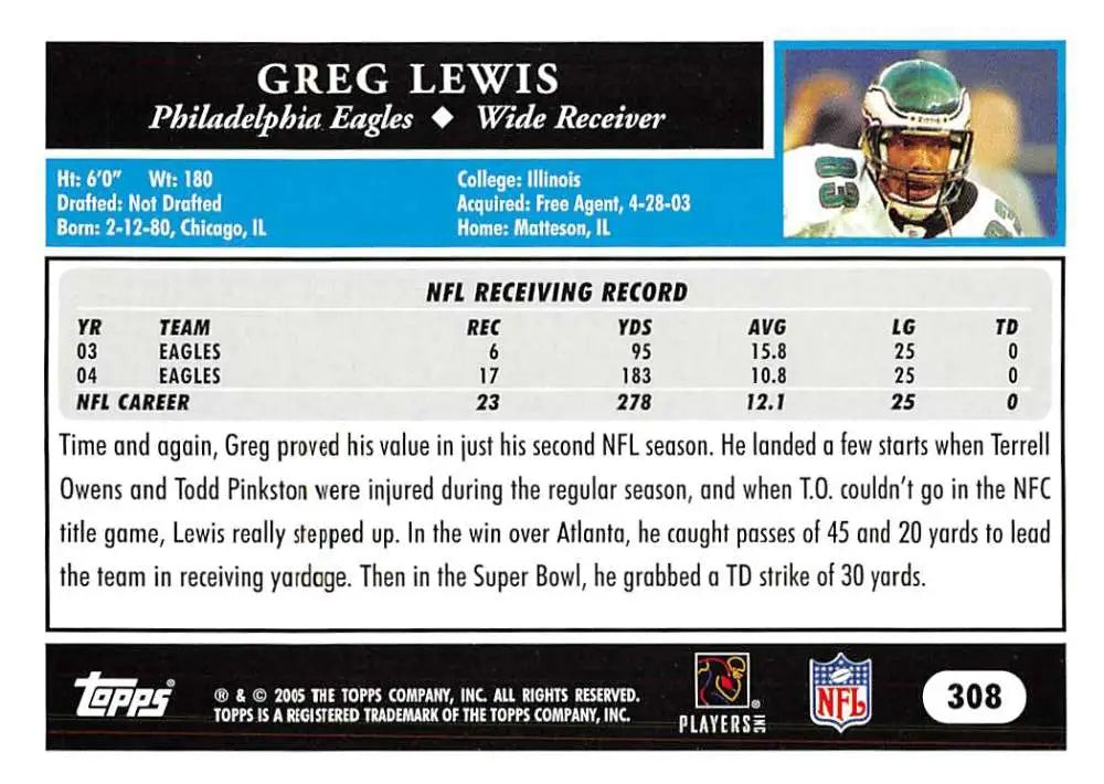 2005 Topps #308 Greg Lewis NM-MT Philadelphia Eagles Football Card - Football Card Single
