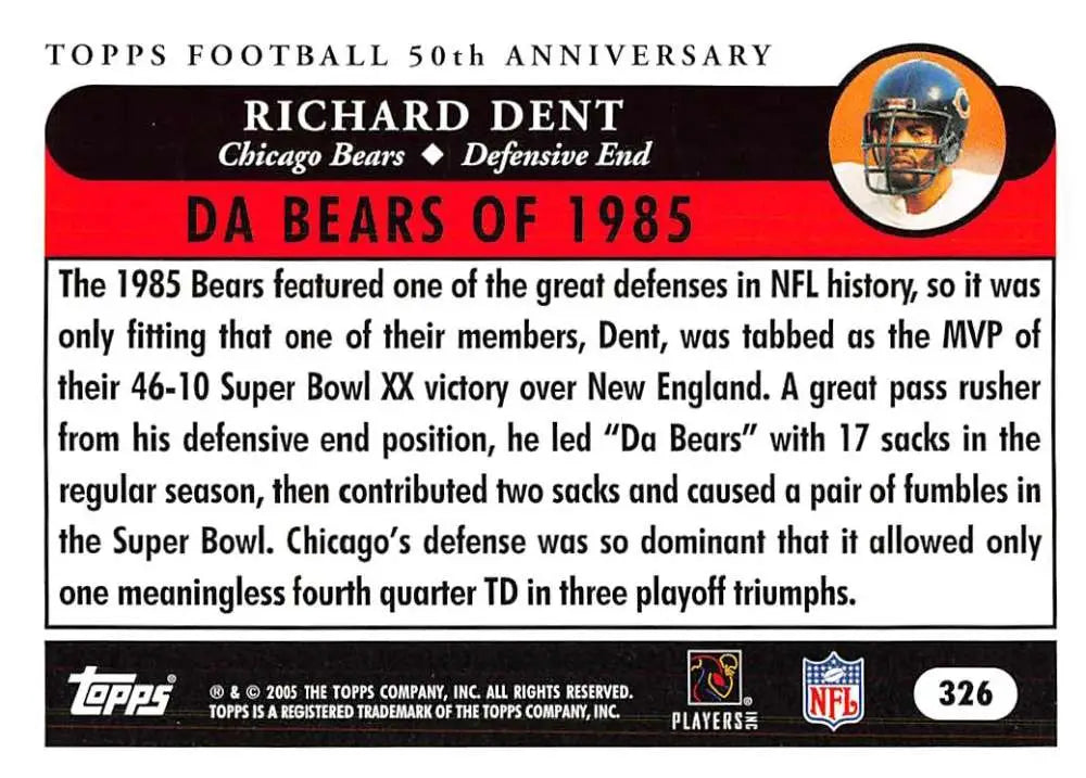 2005 Topps #326 Richard Dent NM-MT Chicago Bears Football Card - Football Card Single