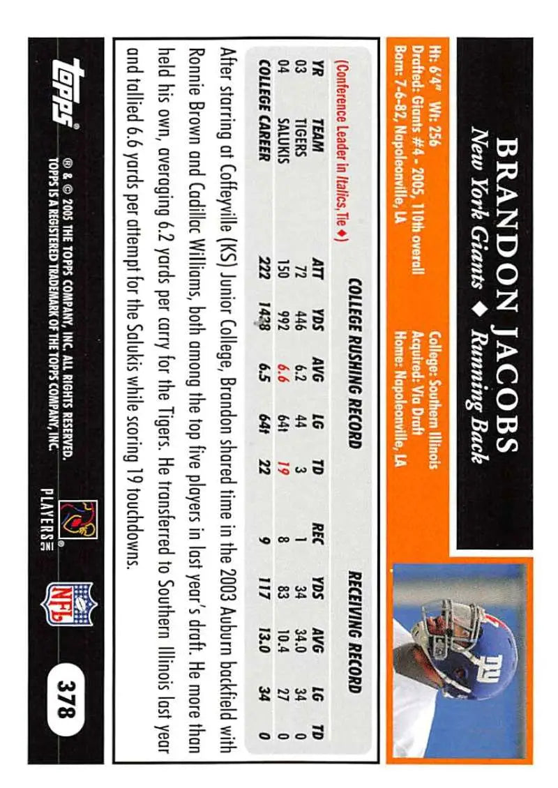 2005 Topps #378 Brandon Jacobs NM-MT RC Rookie New York Giants Football Card - Football Card Single